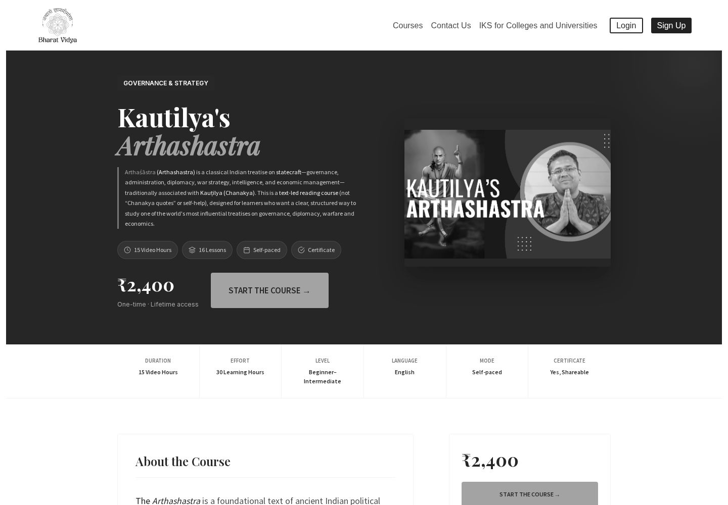 A BharatVidya course page: Kautilya's Arthashastra